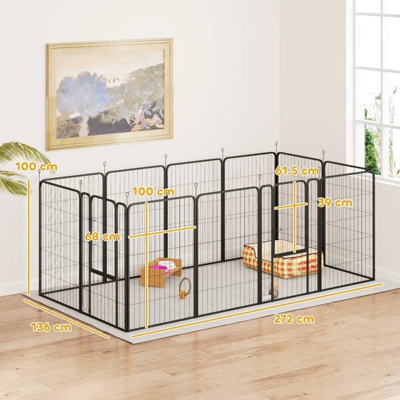 12 Panel Solid Dog Playpen with Doors for Large Dogs 100cm Tall Black