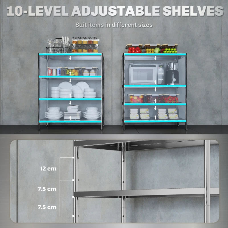 4-Tier Stainless Steel Bakers Rack with Adjustable Shelves - Kitchen Storage Unit for Spices, Pots & Pans - Silver Tone
