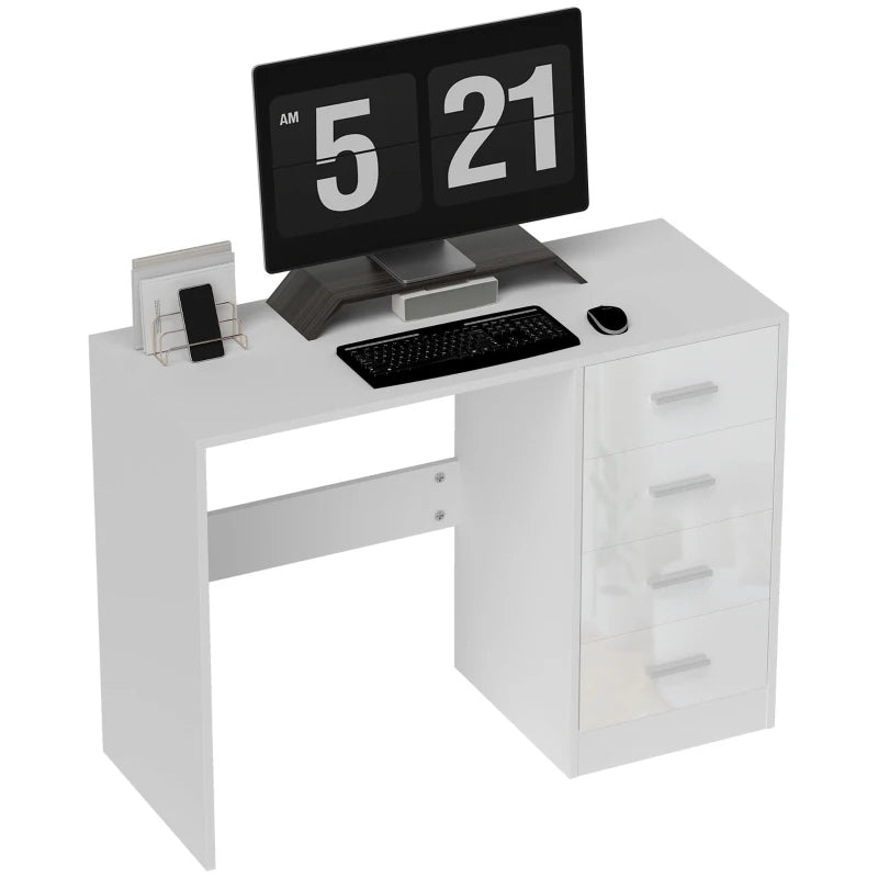 Modern White Computer Desk with Drawers - High Gloss Home Office Writing Workstation & Stylish Dressing Table