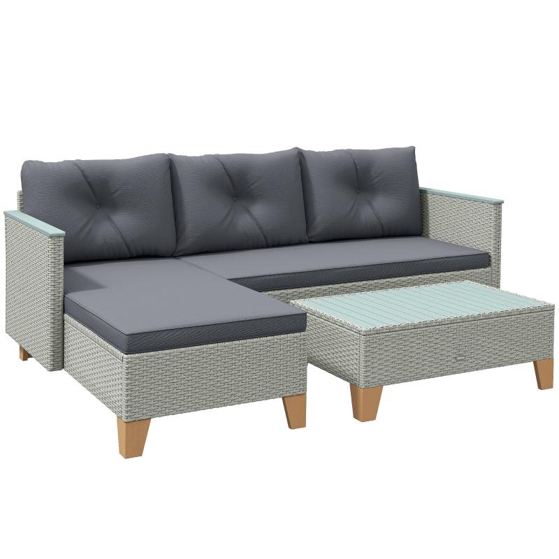 3-Piece Rattan Garden Furniture Set - L-Shaped Chaise Lounge & Coffee Table with Cushions