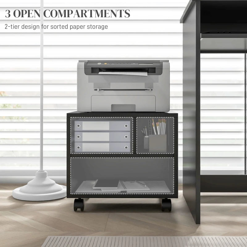 Black Three-Compartment Printer Cabinet on Wheels - Stylish & Functional Storage Solution for Home Office or Workspace