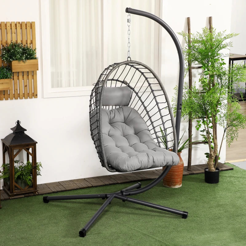 Light Grey Rattan Swing Chair with Cushion and Metal Stand