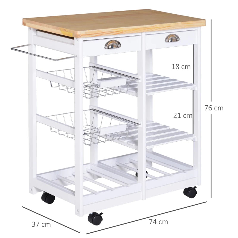 Rolling Kitchen Island Trolley Cart with Drawer, Shelves, Basket, Wheels & 6-Bottle Wine Rack - Stylish White Design
