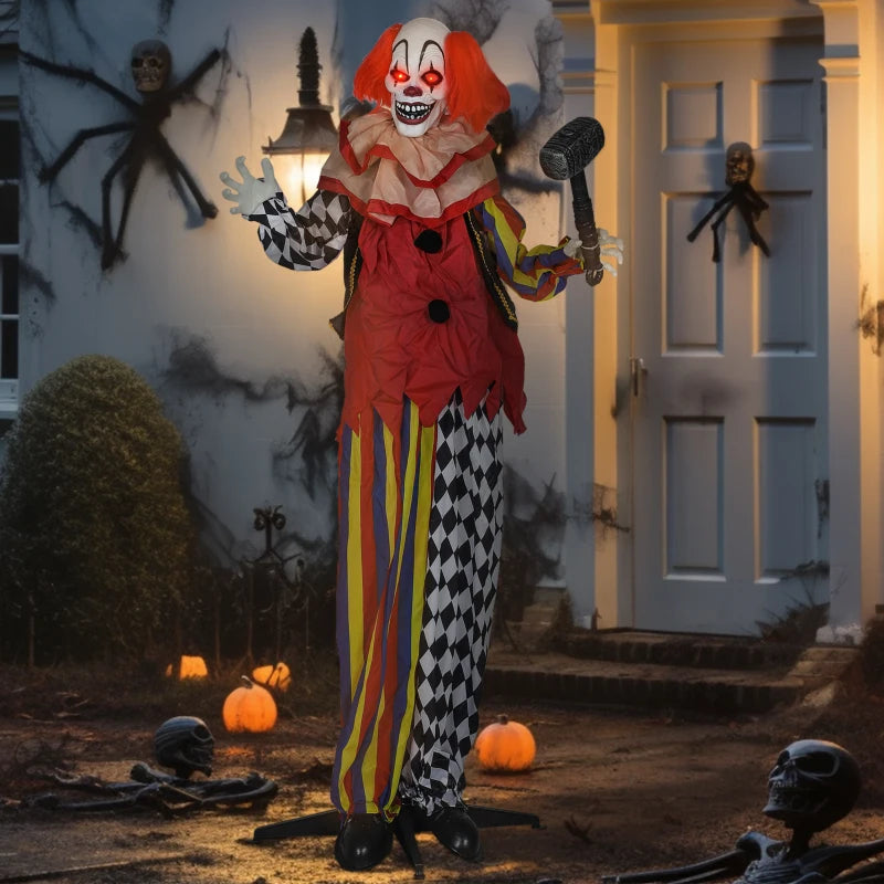 173 cm Life Size Scary Animated Clown with Hammer, Red Light Up Eyes, Sound Activated Arms & Head - Halloween Decoration