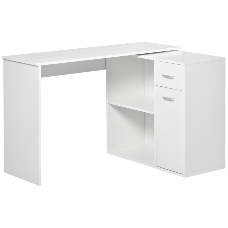L-Shaped Corner Computer Desk with Storage Shelf & Drawer - Adjustable White Wood Grain Workstation for Home Office