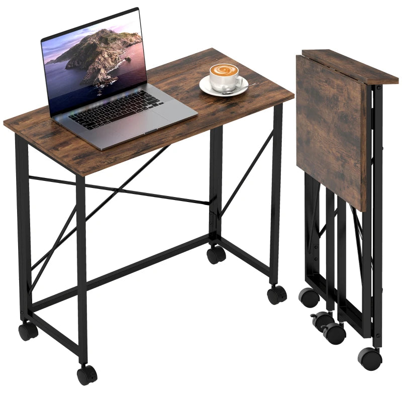 Rustic Brown 80 cm Folding Desk on Wheels - Space-Saving, Portable Workstation for Home Office & Study