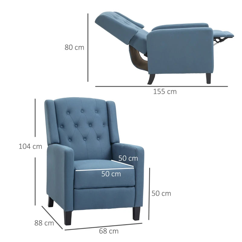 Button Tufted Wingback Recliner Chair for Home Theatre, Microfibre Reclining Armchair with Leg Rest, Deep Blue
