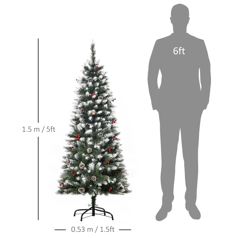 5FT Artificial Christmas Pencil Tree with Red Berries & Pinecones - Foldable Indoor Holiday Decoration, Green Xmas Tree