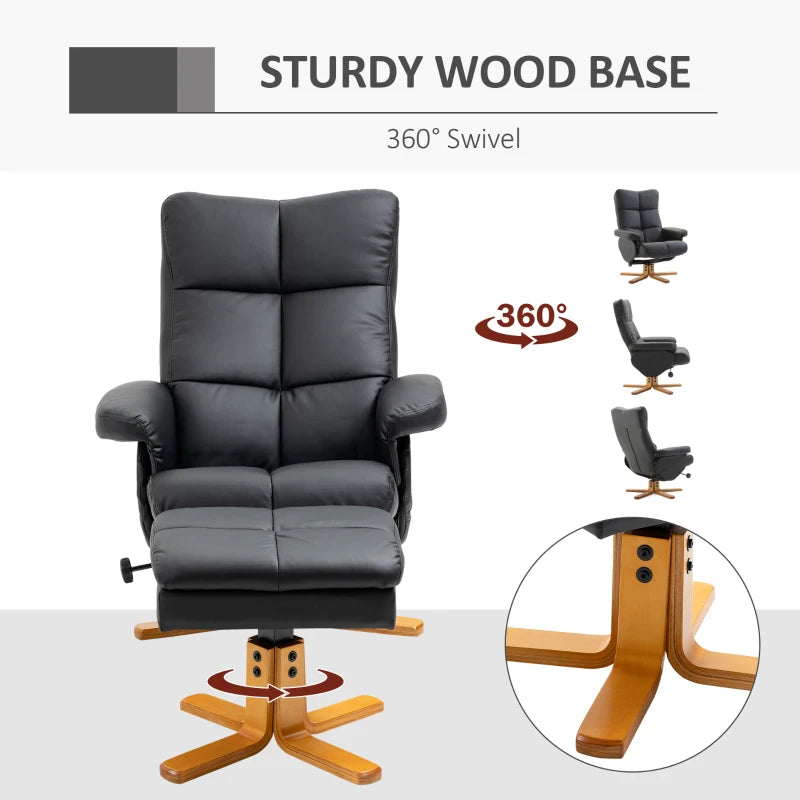 Swivel Reclining Armchair with Ottoman, Faux Leather Chair with Wooden Base and Storage Footstool for Living Room, Black