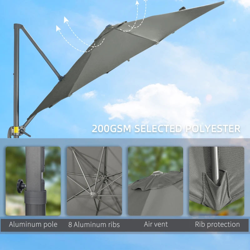 Grey 3x3m Cantilever Garden Umbrella with 360° Rotation and Tilt