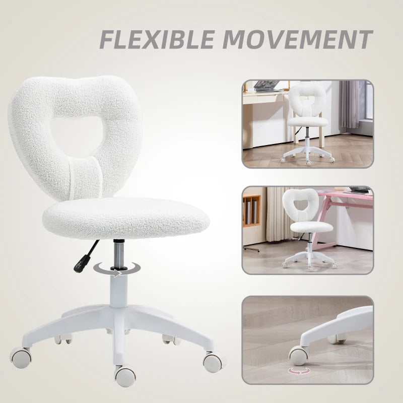 Armless Heart Computer Desk Chair - Teddy Fleece Swivel Office Chair, Adjustable Height, Wheels, Ideal for Home Study & Bedroom, White