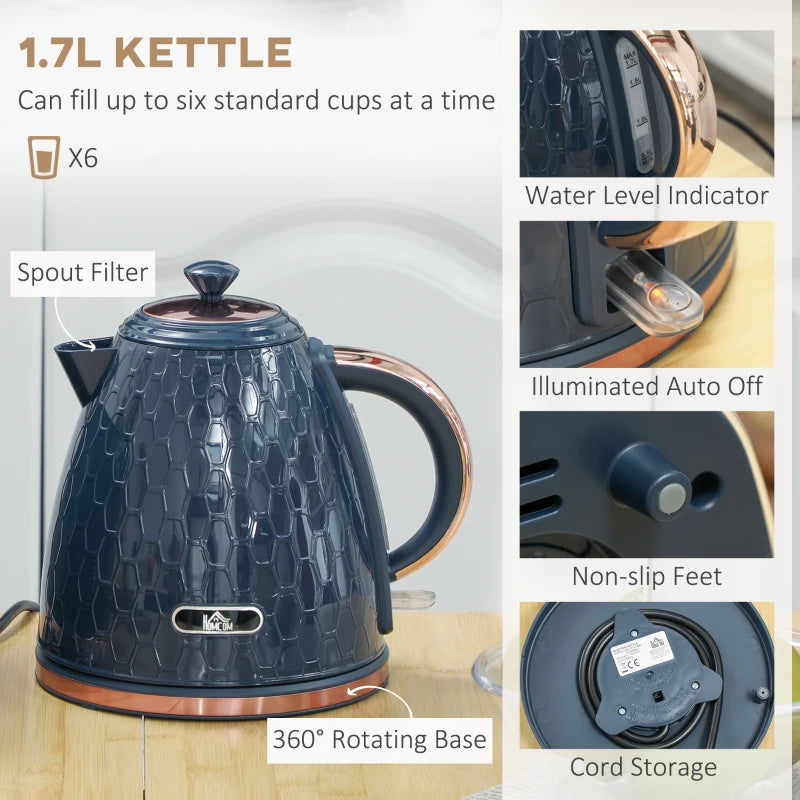1.7L 3000W Fast Boil Kettle & 2 Slice Toaster Set - Auto Shut Off, Browning Controls, Stylish Blue Finish