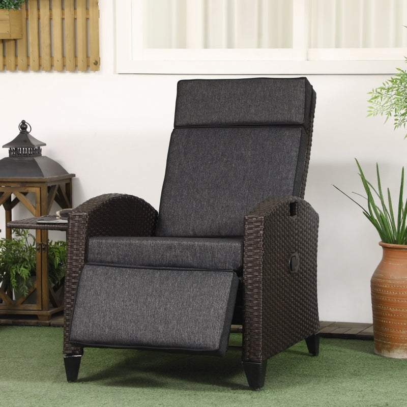 Grey Outdoor Recliner Chair with Adjustable Backrest, Footrest, Cushion, and Side Tray