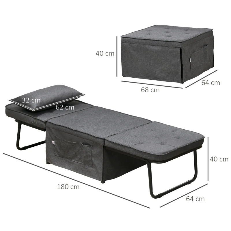 Adjustable Backrest Folding Sleeper Chair Bed with Pillow and Side Pockets for Living Room, Charcoal Grey