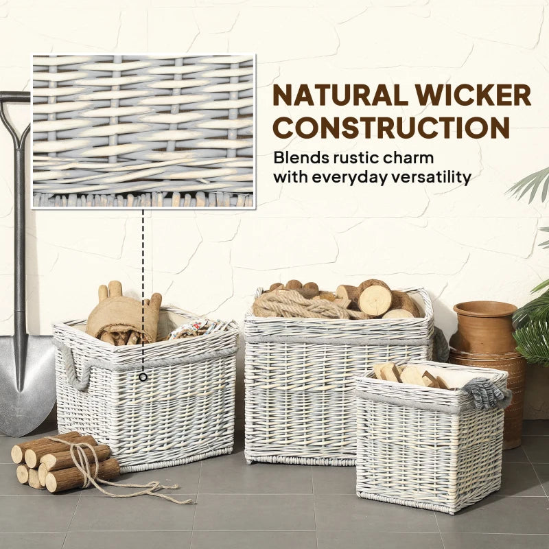 Set of 3 Beige Round Log Baskets with Lining & Rope Handles - Ideal for Wood Burner, Fireside Storage & Blankets