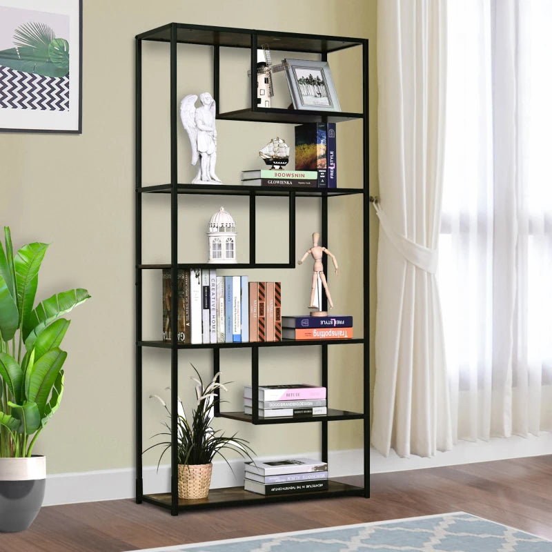 Industrial 6-Tier Bookcase - Tall Steel Frame Shelf Unit for Home Office, Living Room, Rustic Brown & Black, 82x33.5x175 cm