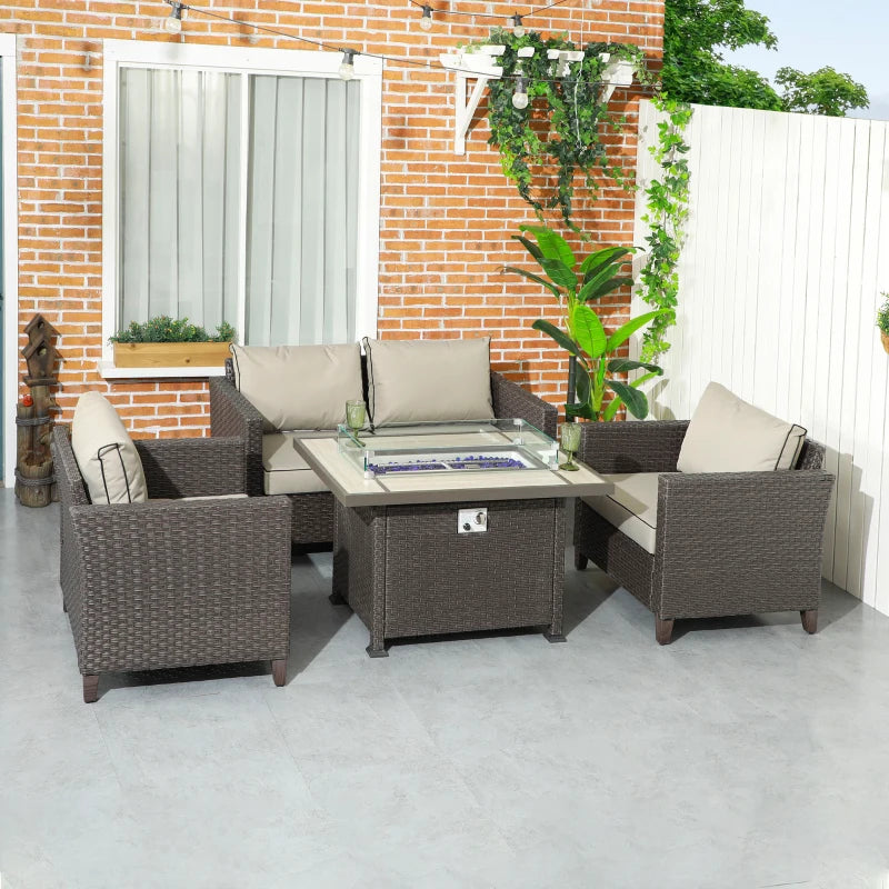 5-Piece Rattan Patio Furniture Set with Gas Fire Pit Table, Loveseat, Armchairs - Dark Brown