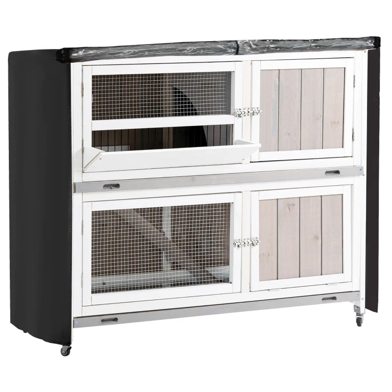 White Wooden Pet Hutch - Two-Tier Cage with Rain Cover & Wheels for Easy Mobility - Perfect for Rabbits & Small Pets