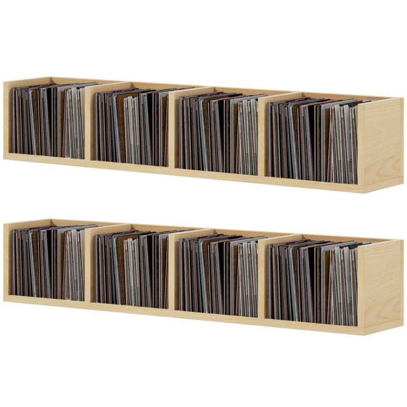 Wall Mount Media Storage Rack for 84 CDs or 56 DVDs/Blu-rays - Set of 2 Wooden Shelf Organisers in Natural Finish