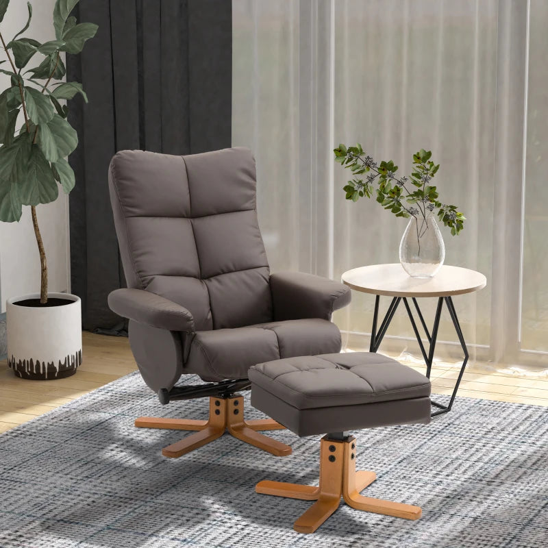 Swivel Reclining Armchair with Ottoman, Faux Leather Chair with Wooden Base and Storage Footstool for Living Room, Brown