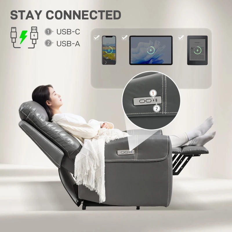 Power Lift Recliner Chair for Elderly - Overstuffed Faux Leather Armchair with USB Ports and Remote Control in Charcoal Grey