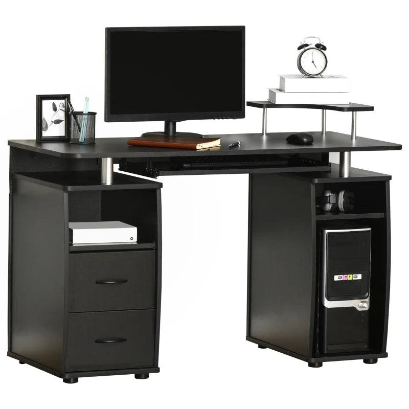 Modern Black Computer Desk with Keyboard Tray, CPU Shelf, Drawers & Sliding Scanner Shelf - Ideal Office Workstation