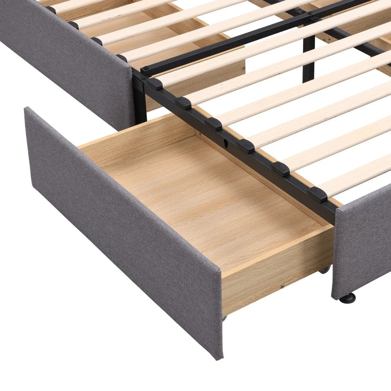 Upholstered Storage Bed with 4 Drawers - Double Bed with Iron Frame & Wooden Slats, Grey, 193.5 x 141 x 30 cm