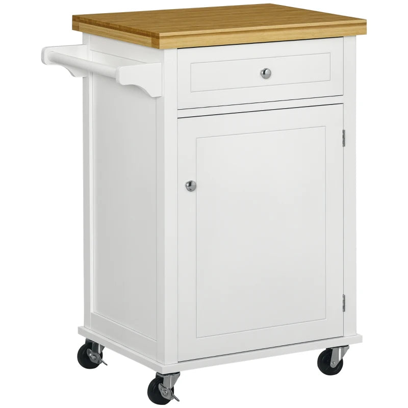 Stylish White Wooden Kitchen Cart Storage Trolley with Drawer, Cupboard & Towel Rail - Perfect for Organizing Your Kitchen