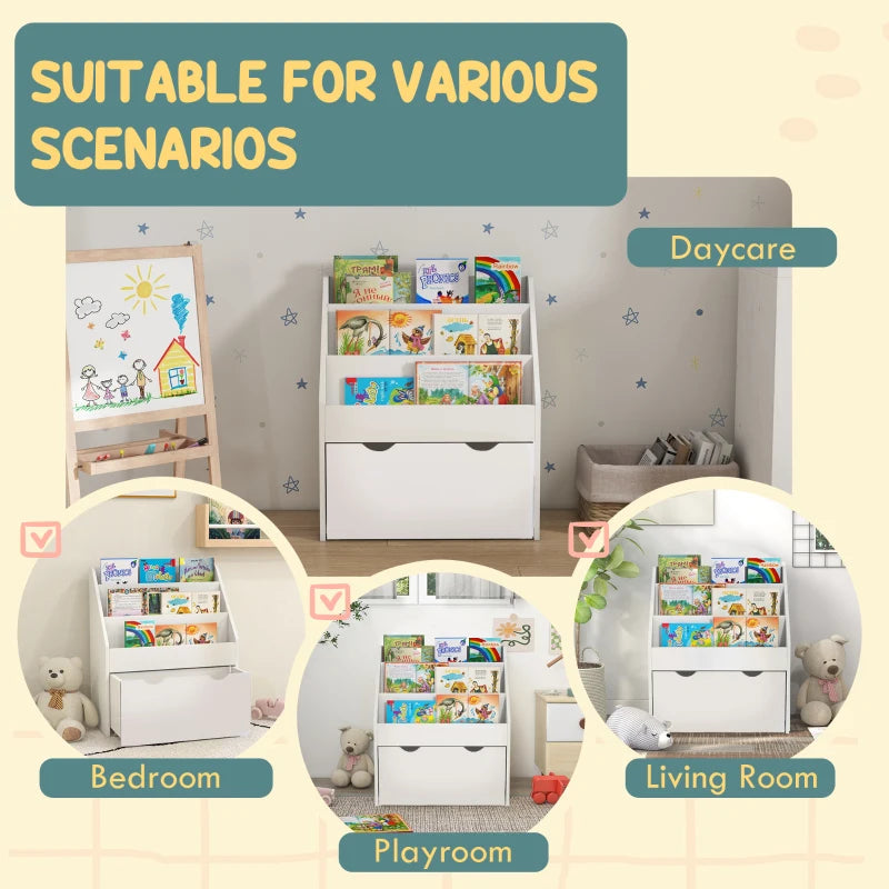 White Kids Bookcase with Shelves & Drawer - Perfect Storage for Bedroom & Playroom - Stylish & Functional Design