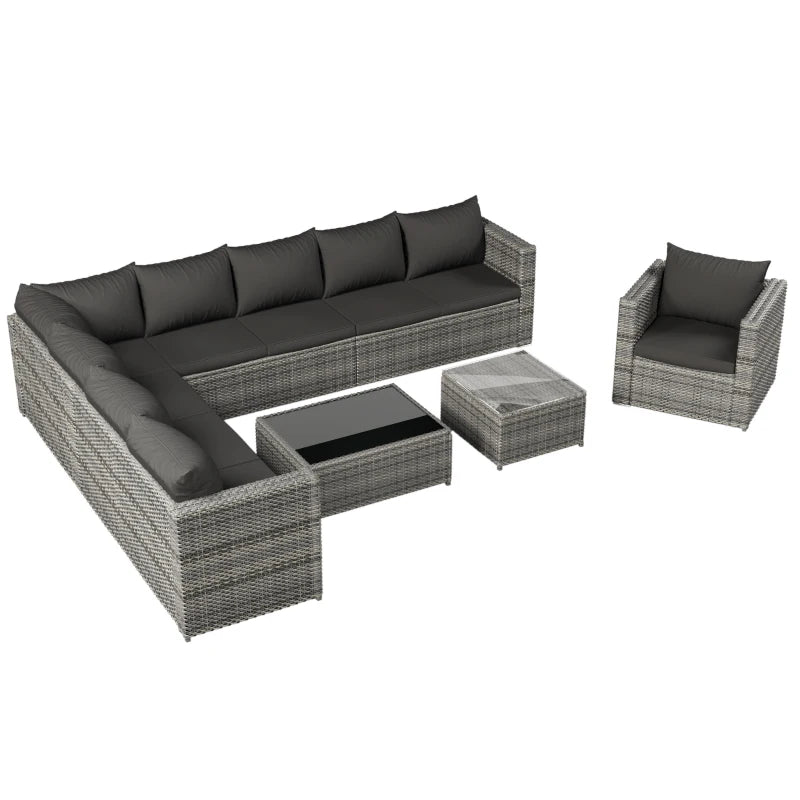 Grey 9-Seater Rattan Garden Corner Sofa Set with Coffee Table and Cushions