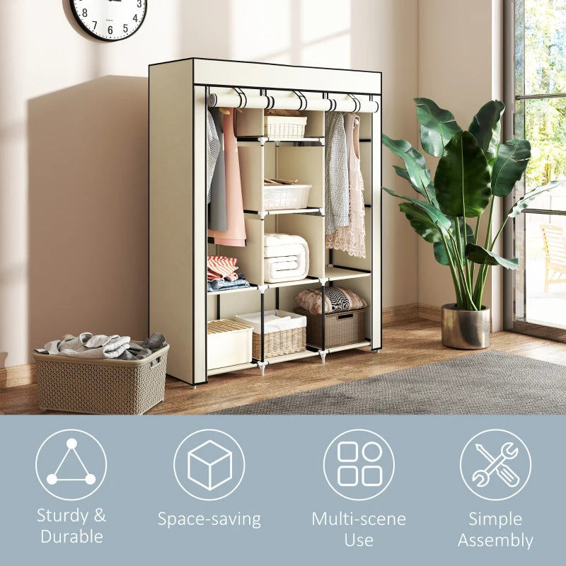 Stylish Cream White Fabric Wardrobe with Rails and Shelves for Organized Storage