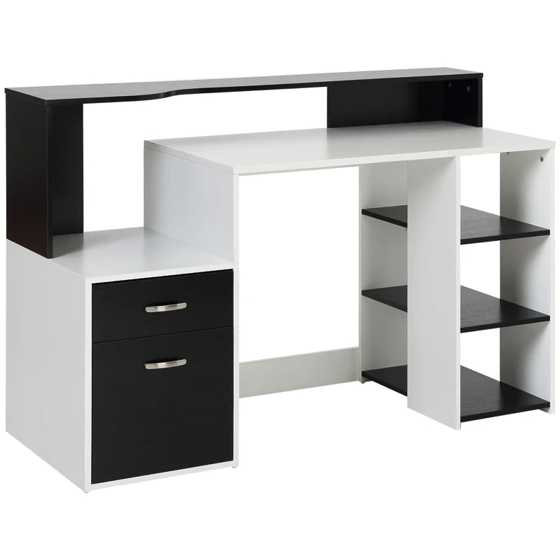Modern Computer Desk with Drawers & Storage Shelves - Large Office Writing Table with Printer Stand, Black & White, 137x55x92cm
