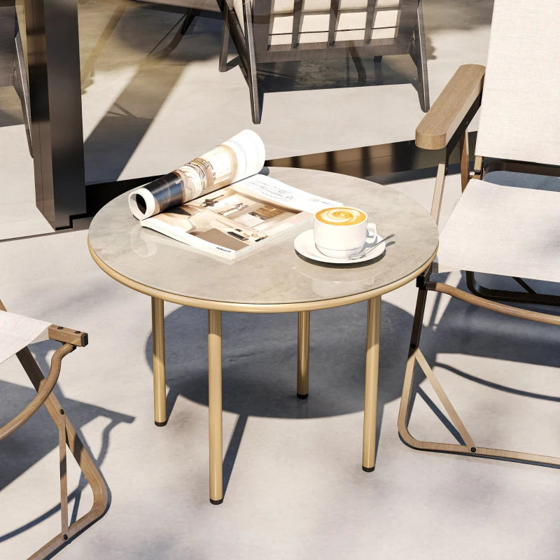 60cm Round Small Garden Table - Outdoor Side Table with Faux Marble Top, Steel Frame, Beige