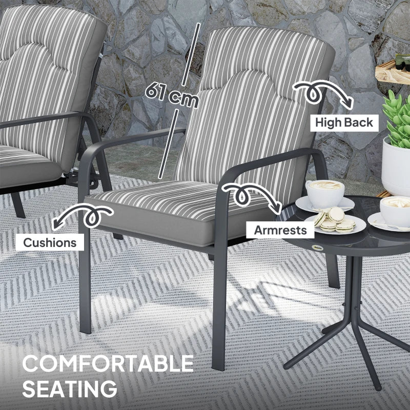 3-Piece Patio Bistro Set with Adjustable Recliner Chairs, Glass Table, Cushions - Grey Garden Furniture