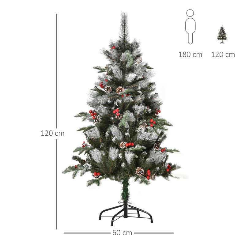 4FT Snow Dipped Christmas Pencil Tree with Red Berries & White Pinecones - Foldable Holiday Decoration for Home Parties