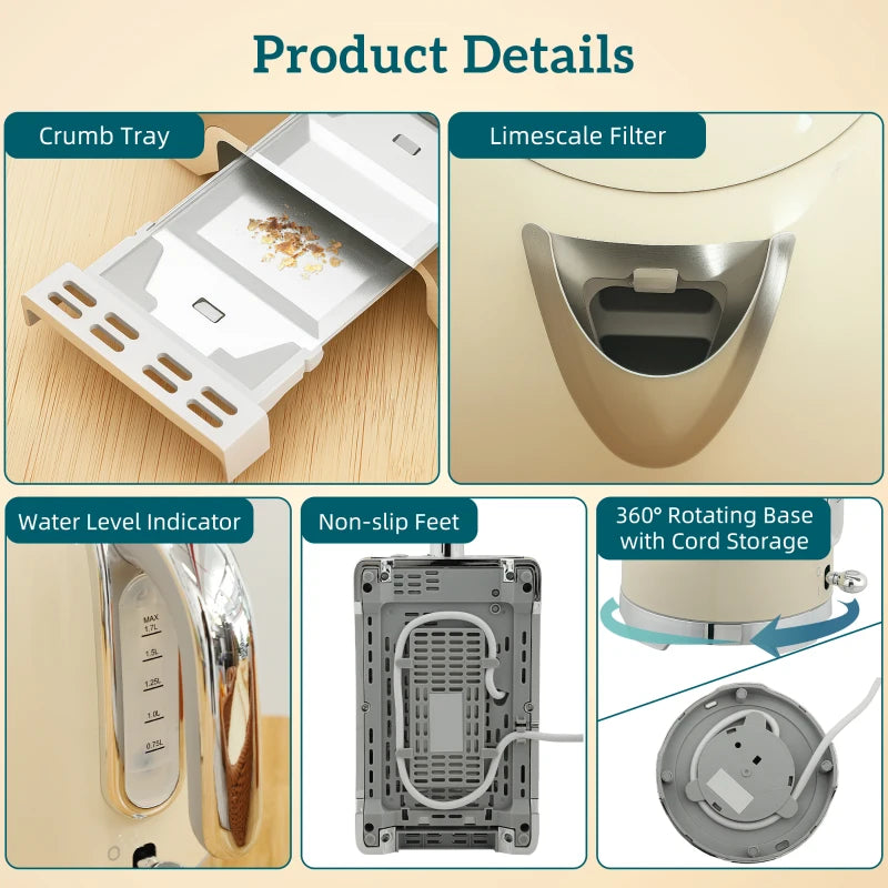 Vintage Cream Toaster and Kettle Set - Retro Kitchen Appliances for Stylish Home Decor