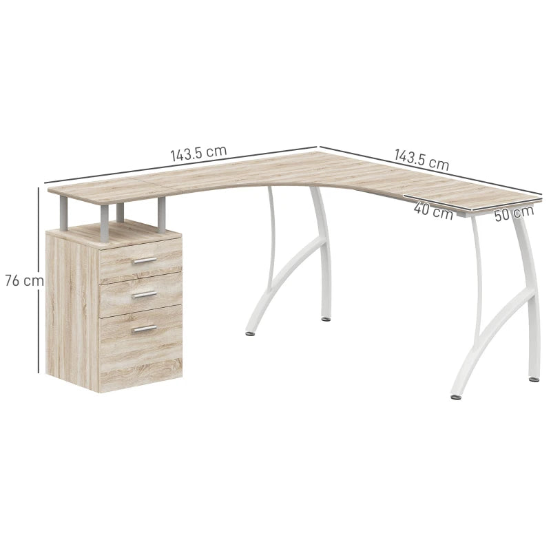 L-Shaped Computer Desk with Storage Drawer - Industrial Home Office Corner Workstation for A4 Files, Oak Finish, 143.5cm