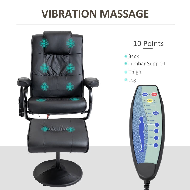 Faux Leather Swivel Recliner Chair with Footstool, Remote Control Massage Armchair, Stylish Black Design