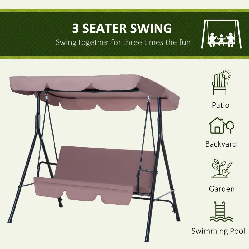 Brown 3-Seater Canopy Swing Chair with Top Roof - Heavy Duty Metal Garden Rocking Bench