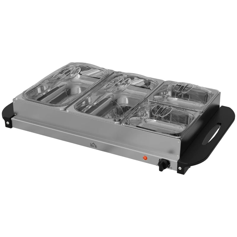 4 Tray Electric Food Warmer Buffet Server - Adjustable Temperature, 300W, Cool Touch Handles, 2 x 2.4L & 2 x 1L Pans