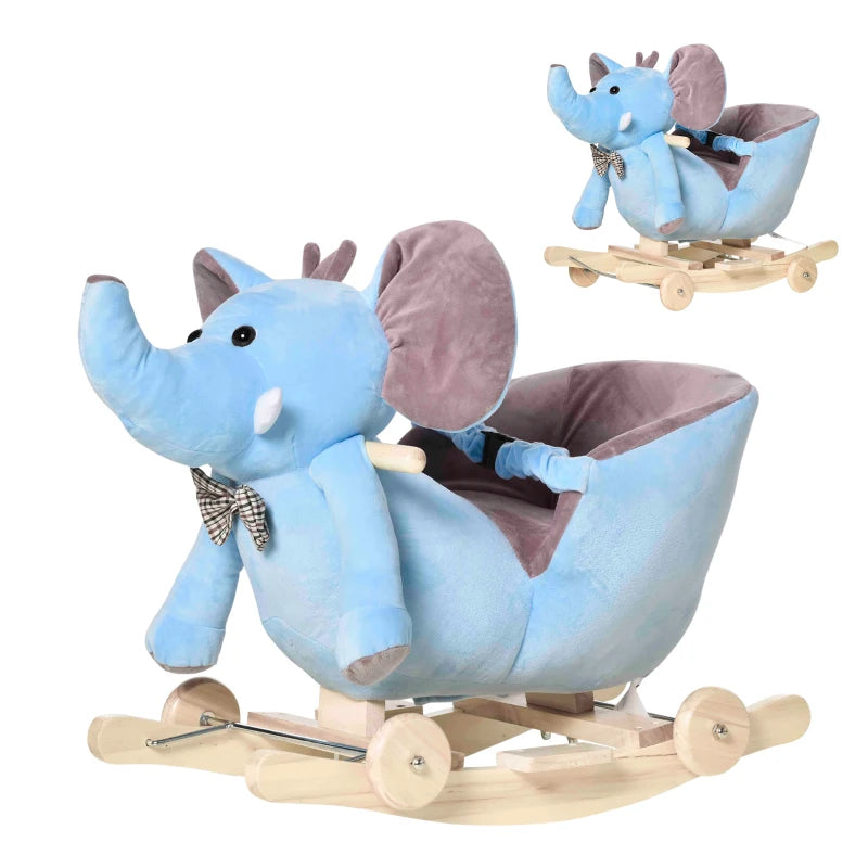 2-in-1 Plush Baby Rocking Horse Elephant with Wheels - Wooden Toy for Kids, 32 Songs, Ages 18+ Months (Blue)