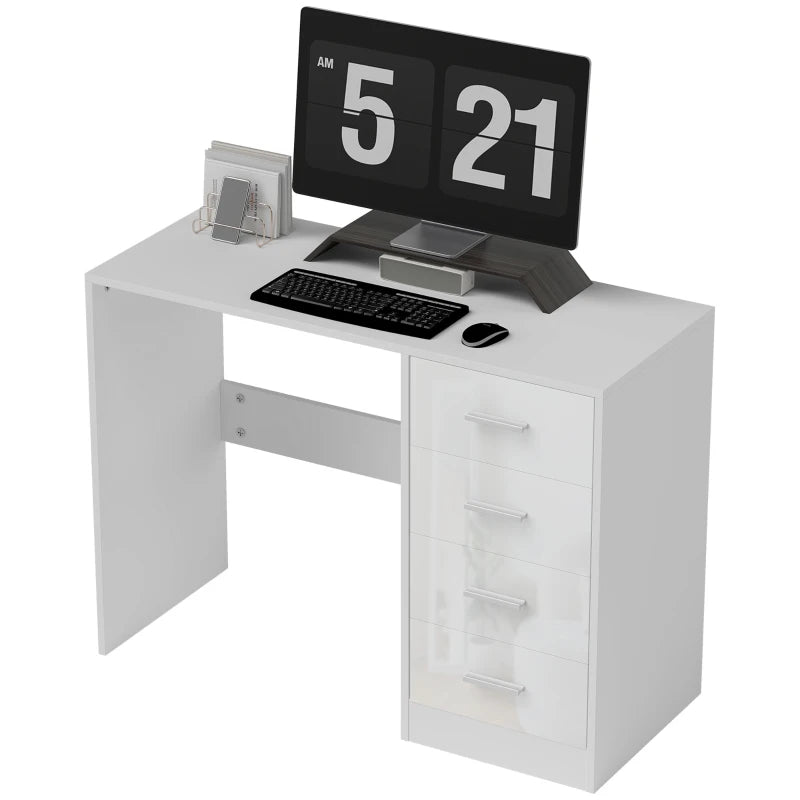 Modern White Computer Desk with Drawers - High Gloss Home Office Writing Workstation & Stylish Dressing Table