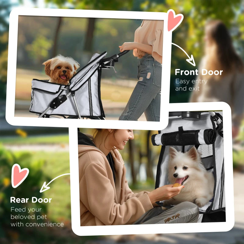 Foldable Pet Stroller for Small Dogs & Cats - Travel Carriage with Wheels, Zipper Entry, Cup Holder & Storage Basket - Grey