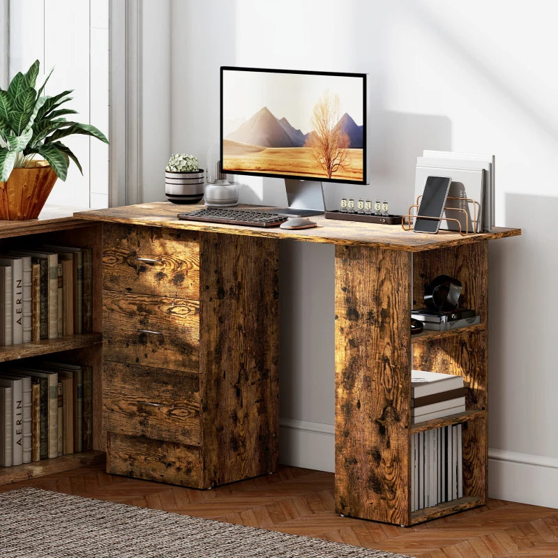 Rustic Brown Computer Desk with 3 Storage Shelves & Drawers, Stylish Writing Table for Home Office, Silver Handle PC Workstation