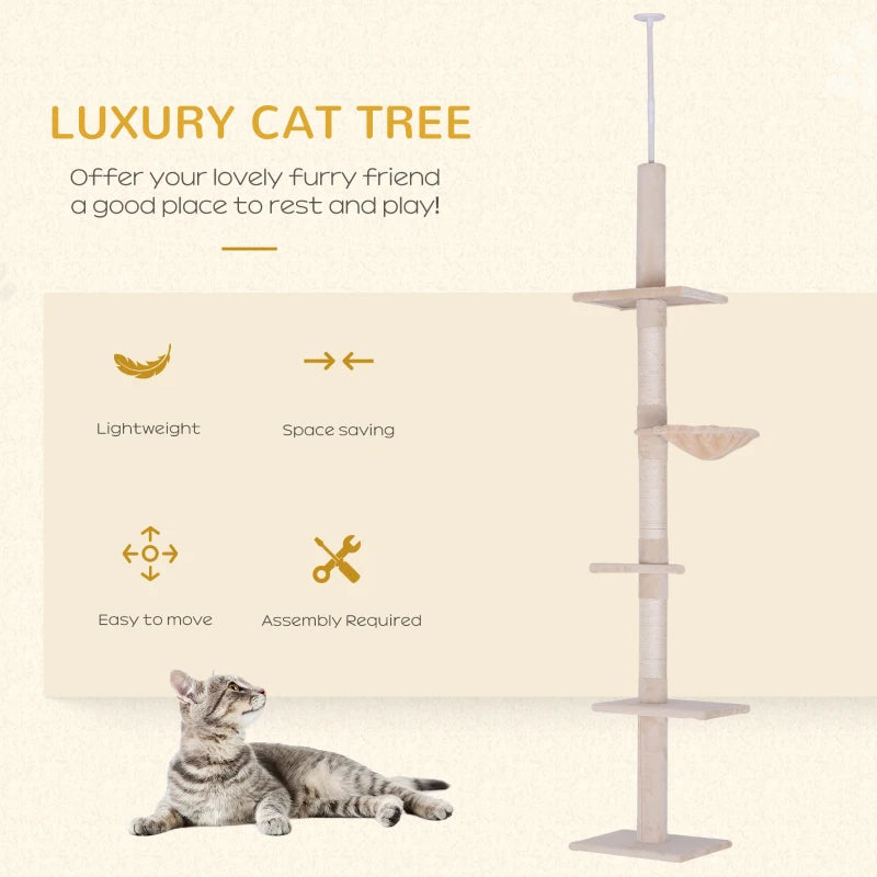 Adjustable 5-Tier Floor to Ceiling Cat Tree 230-260cm - Scratching Post, Hammock & Perches for Indoor Kittens - Beige