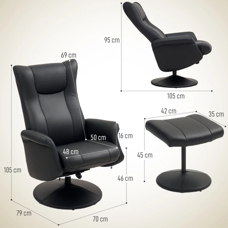 Stylish Swivel Recliner Chair with Footstool - Adjustable PU Leather Armchair for Living Room, Black