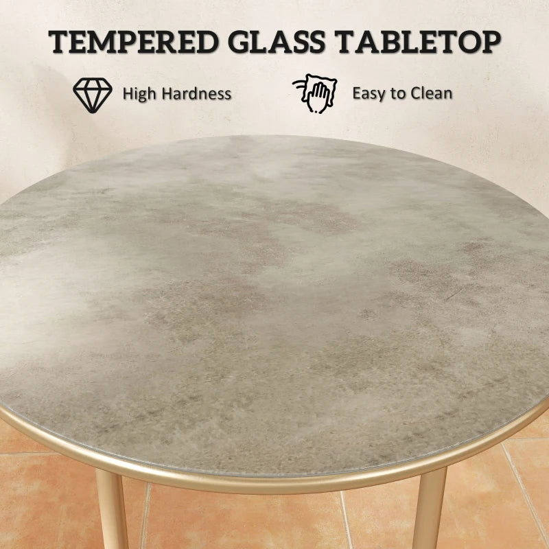 60cm Round Small Garden Table - Outdoor Side Table with Faux Marble Top, Steel Frame, Beige