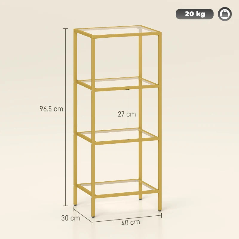 Elegant 4-Tier Glass Shelving Unit - Vertical Storage for Living Room, Home Office, Bedroom & Bathroom - Gold Tone Design