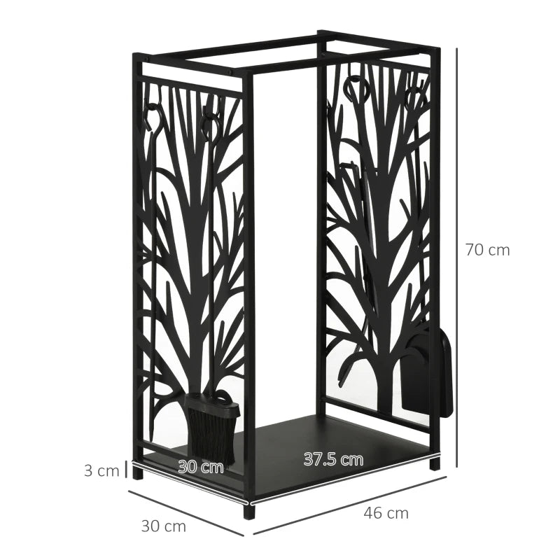 Steel Firewood Log Holder Rack with Tools - Indoor Outdoor Fireplace Wood Storage, Rust-Resistant, Tree Pattern, 46W x 30D x 70H cm