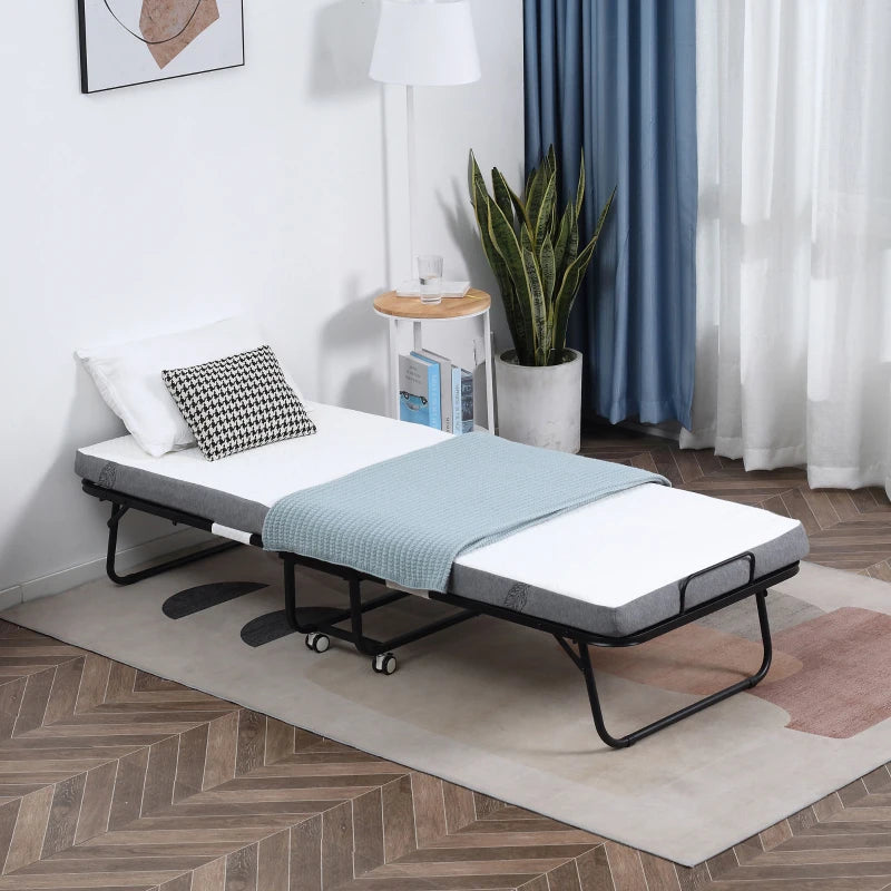 Portable Folding Guest Bed with 10cm Mattress Sturdy Metal Frame on Wheels